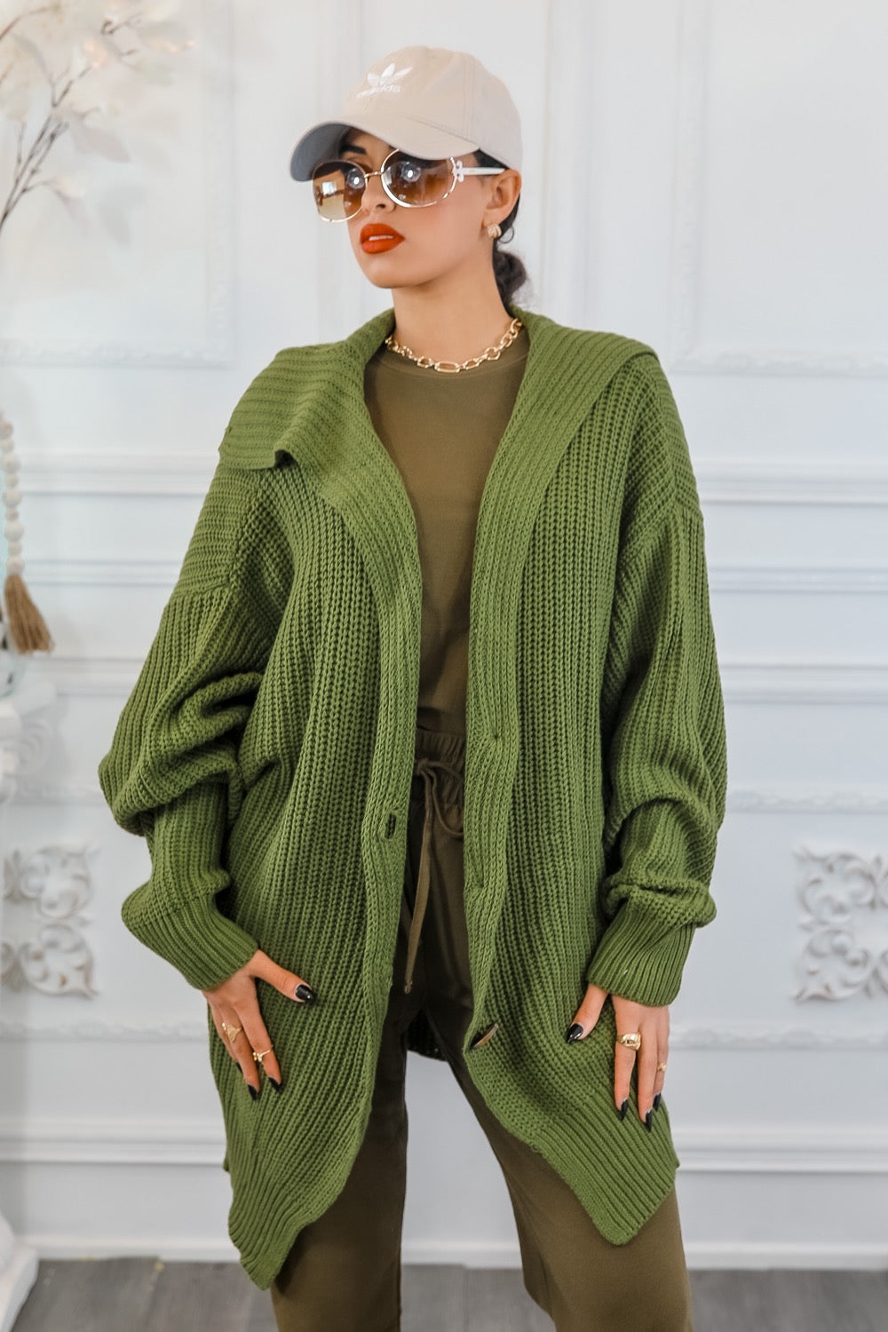 Collar Button Closure Oversized Cardigan