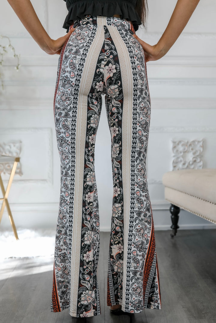 Paisley Floral Print Bell Bottoms Cream with Front Tie