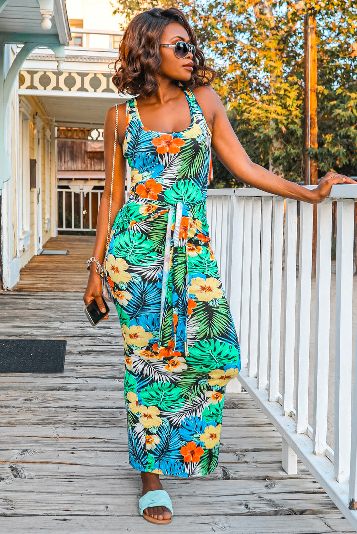 Tropical Print Bodycon Maxi Dress with Front Tie Waist