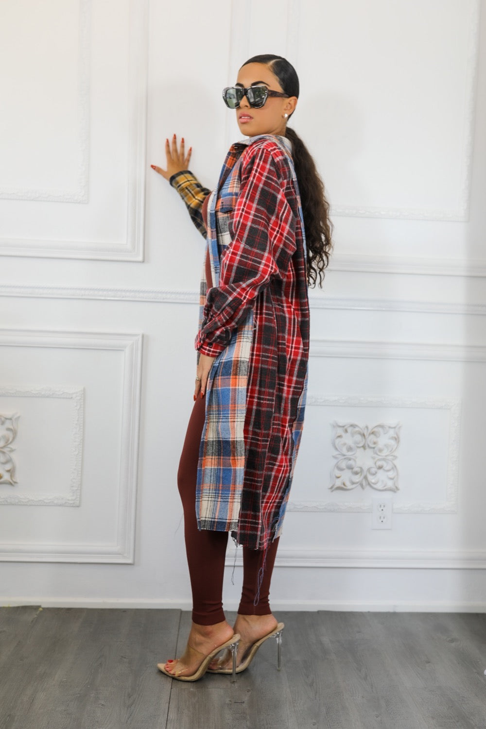 Distressed Long Plaid Patches Shacket