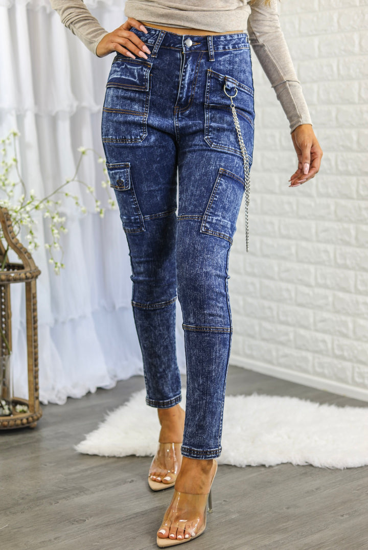 Mineral Wash High Waisted Cargo Style Skinny Jeans