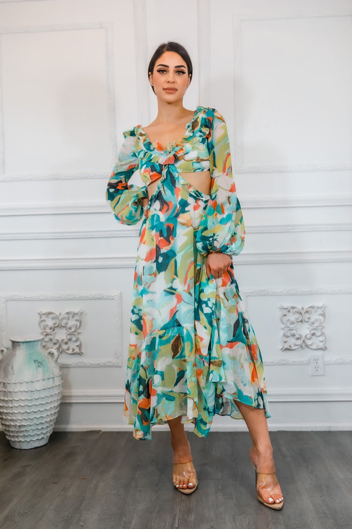 Bubble Sleeves Floral Cut-Out Ruffle Midi Dress