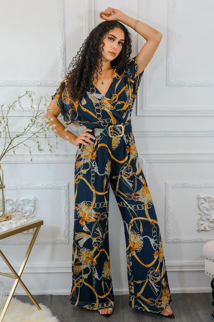 Printed Chains Belted Palazzo Jumpsuit