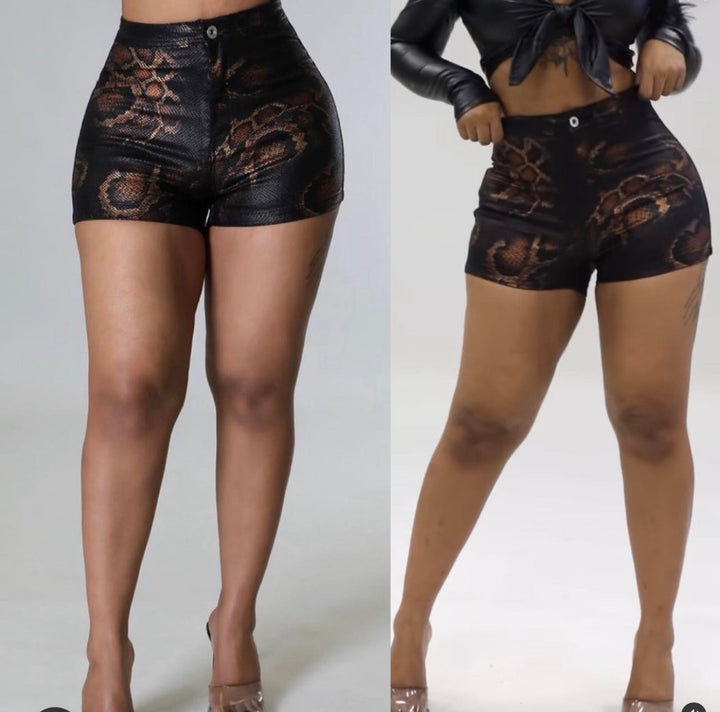 Coated Snake Print Short Shorts