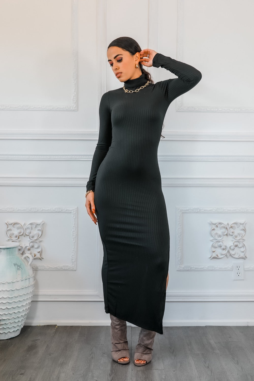 Turtle Neck Maxi Rib Dress With Side Slit