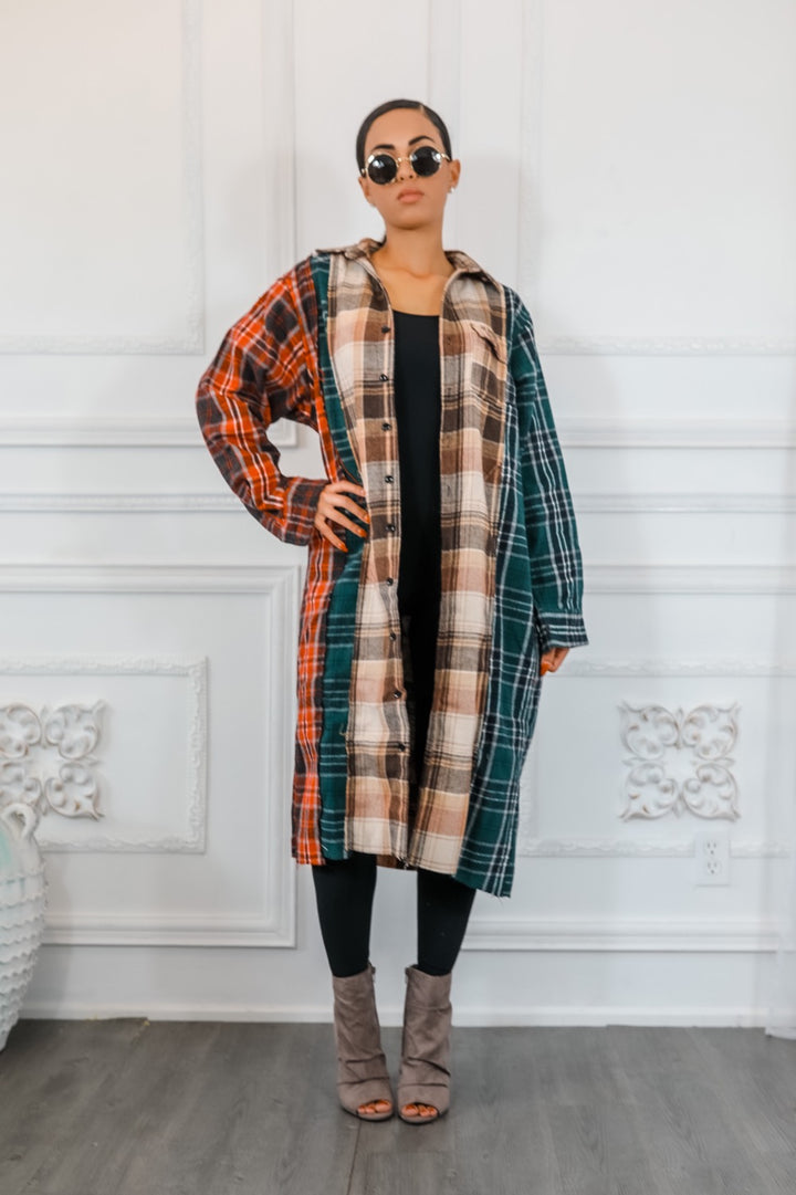 Distressed Long Plaid Patches Shacket