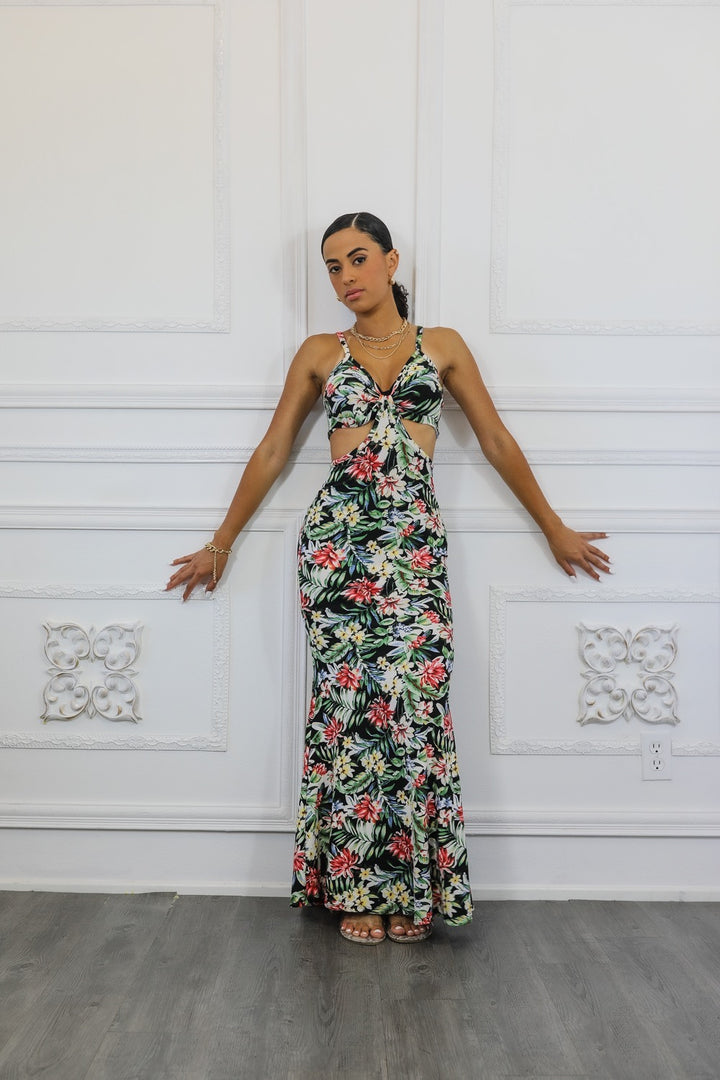 Floral Mermaid Maxi With Cutouts Dress