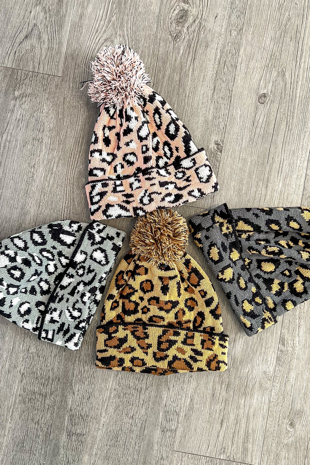 Leopard Print Beanie With Fur Puff On Top