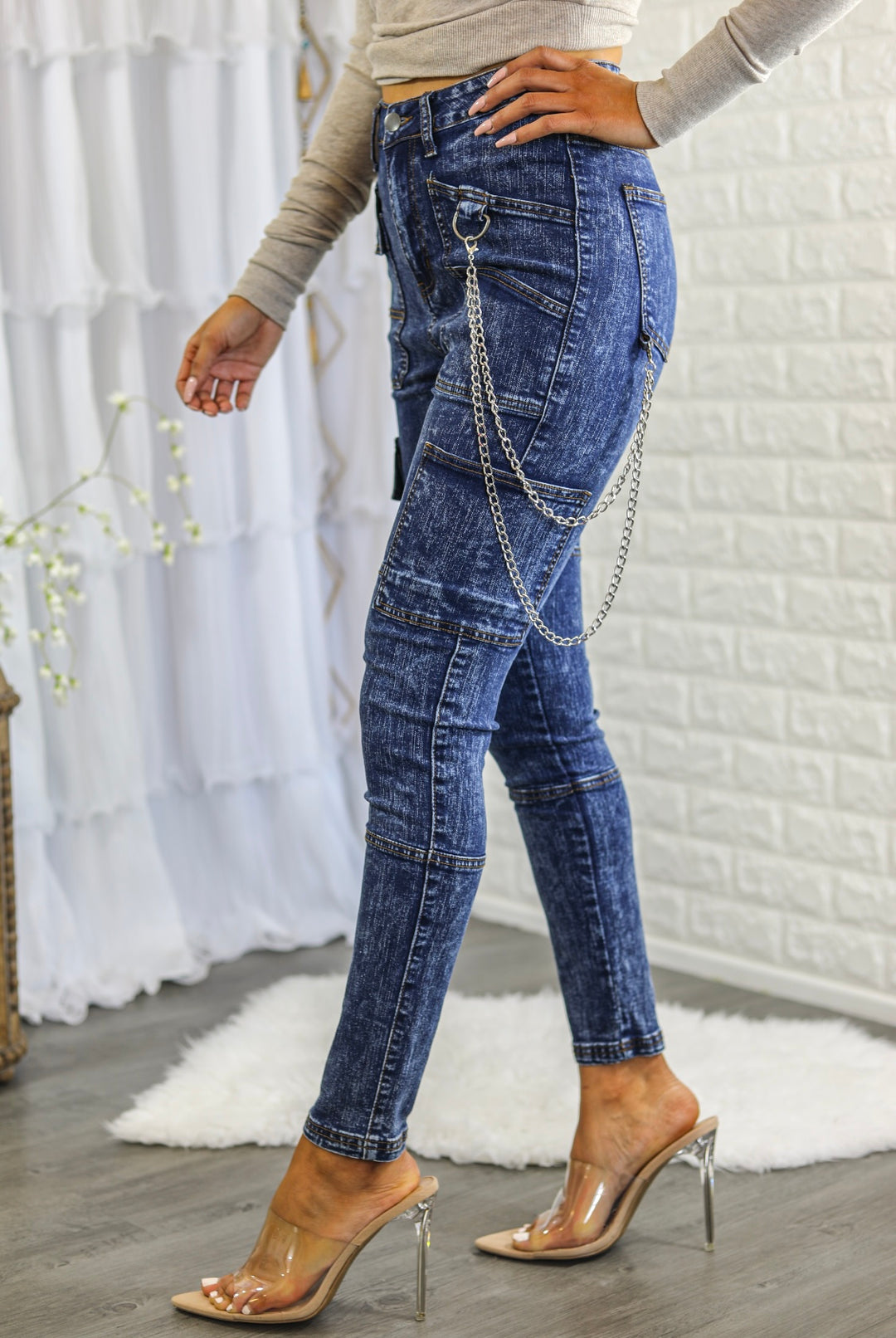 Mineral Wash High Waisted Cargo Style Skinny Jeans