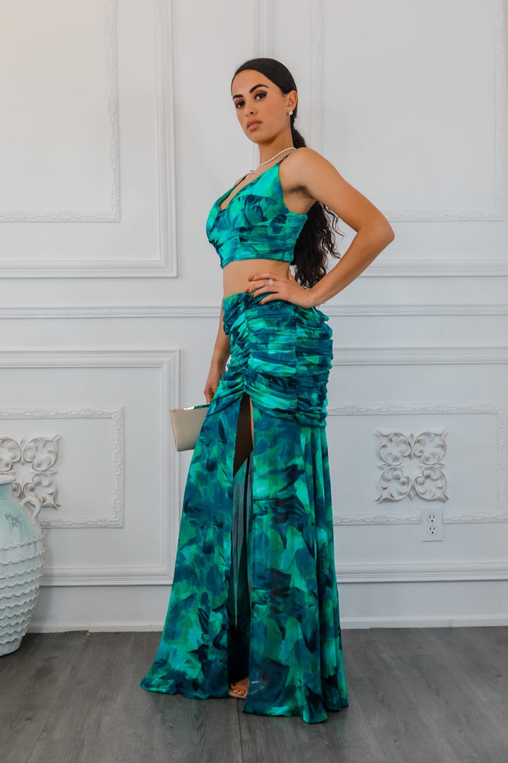 Dipped in Green Ruching Maxi Skirt Set with Plunging Slit