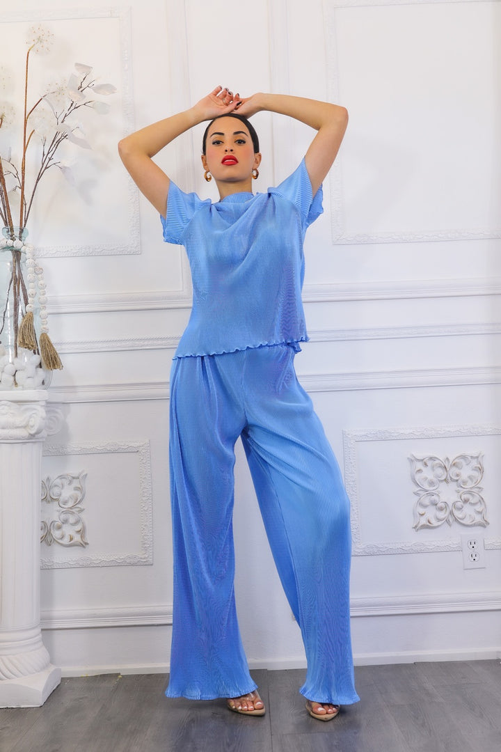 Pleated Mock Neck Short Sleeves Pant Set