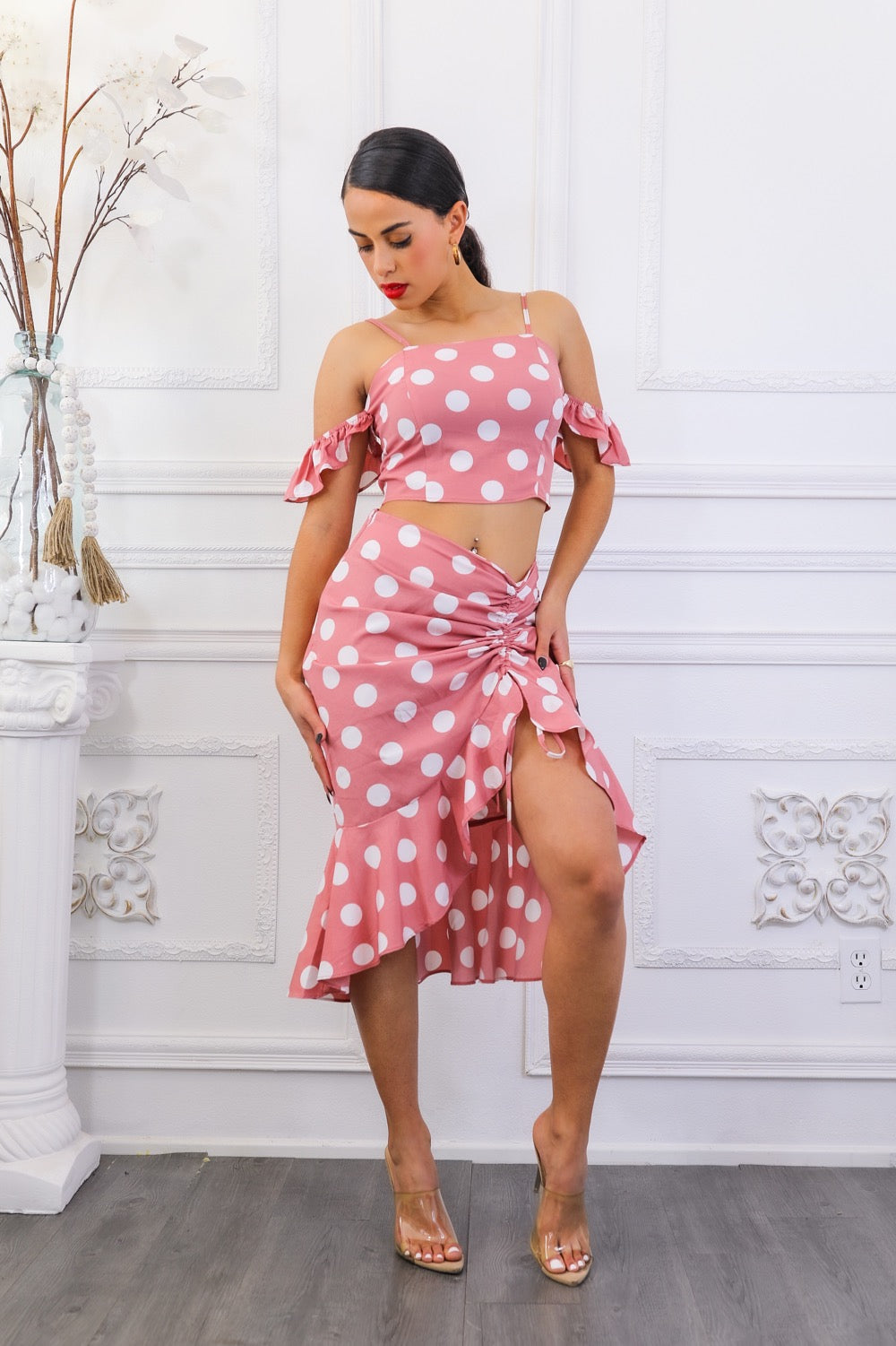 Polkadot Printed Crop Top and Midi Skirt with Ruching