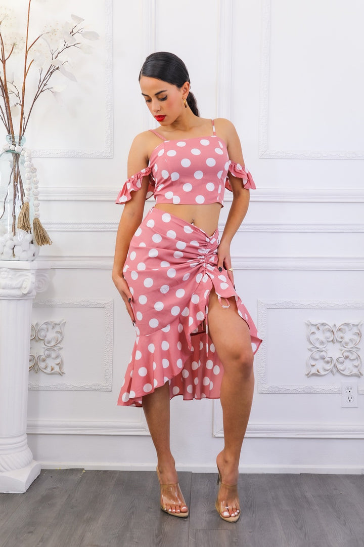 Polkadot Printed Crop Top and Midi Skirt with Ruching