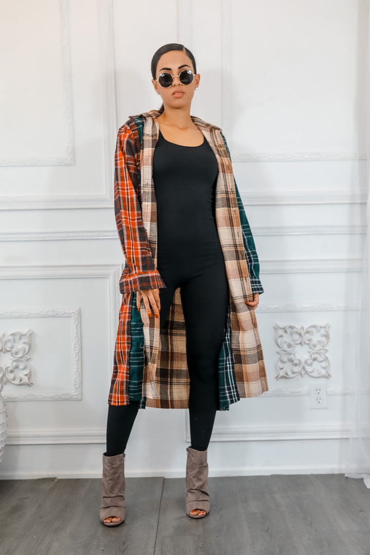 Distressed Long Plaid Patches Shacket