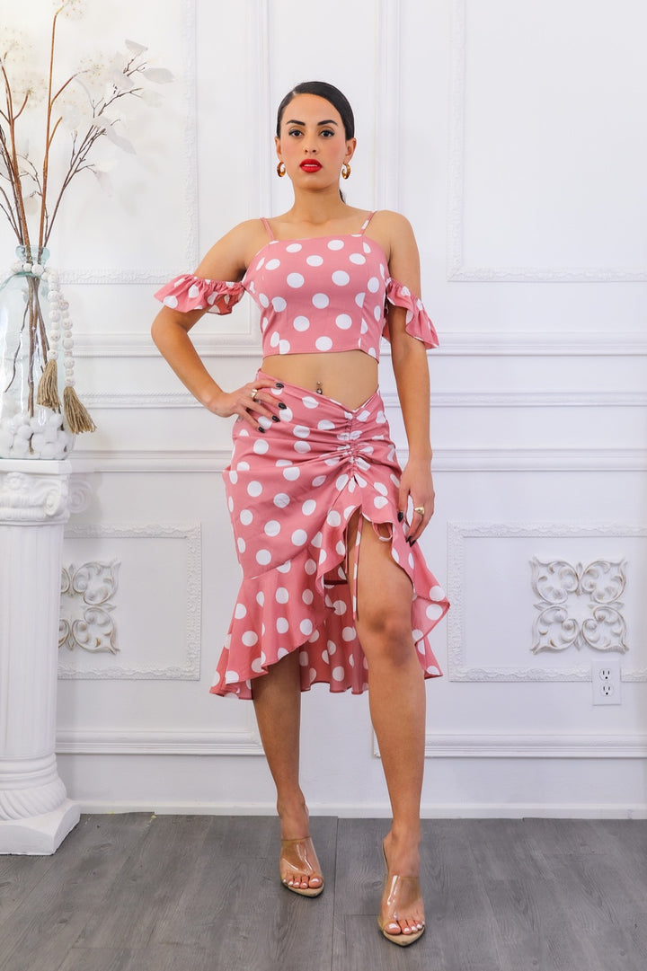 Polkadot Printed Crop Top and Midi Skirt with Ruching