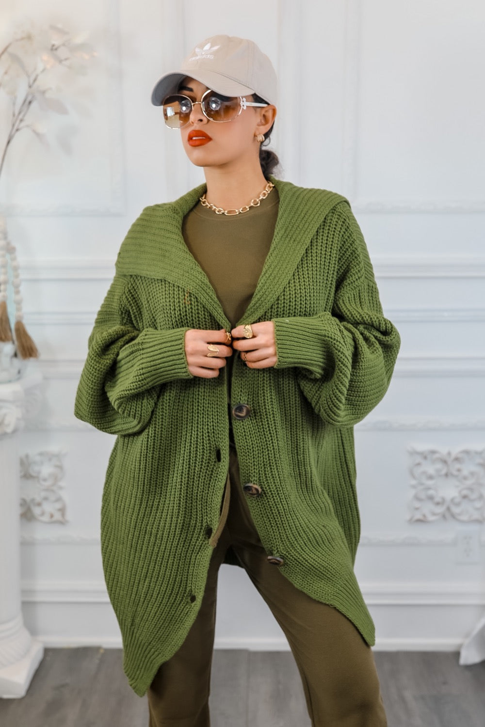 Collar Button Closure Oversized Cardigan