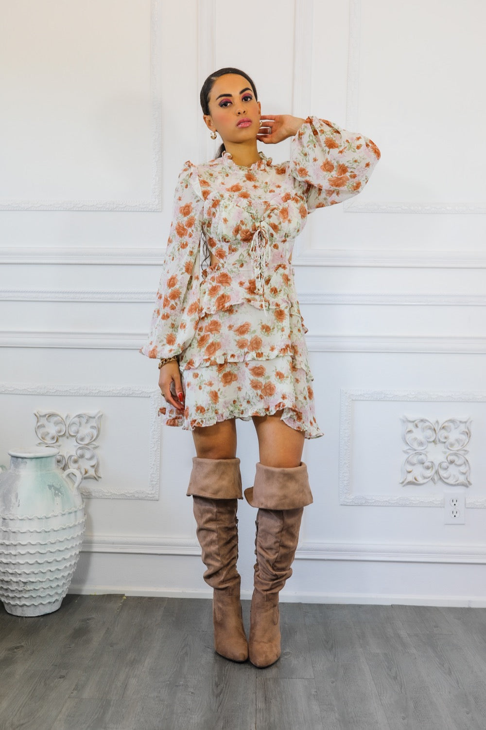 Bubble Sleeves Floral Cutout Laced Mini Dress