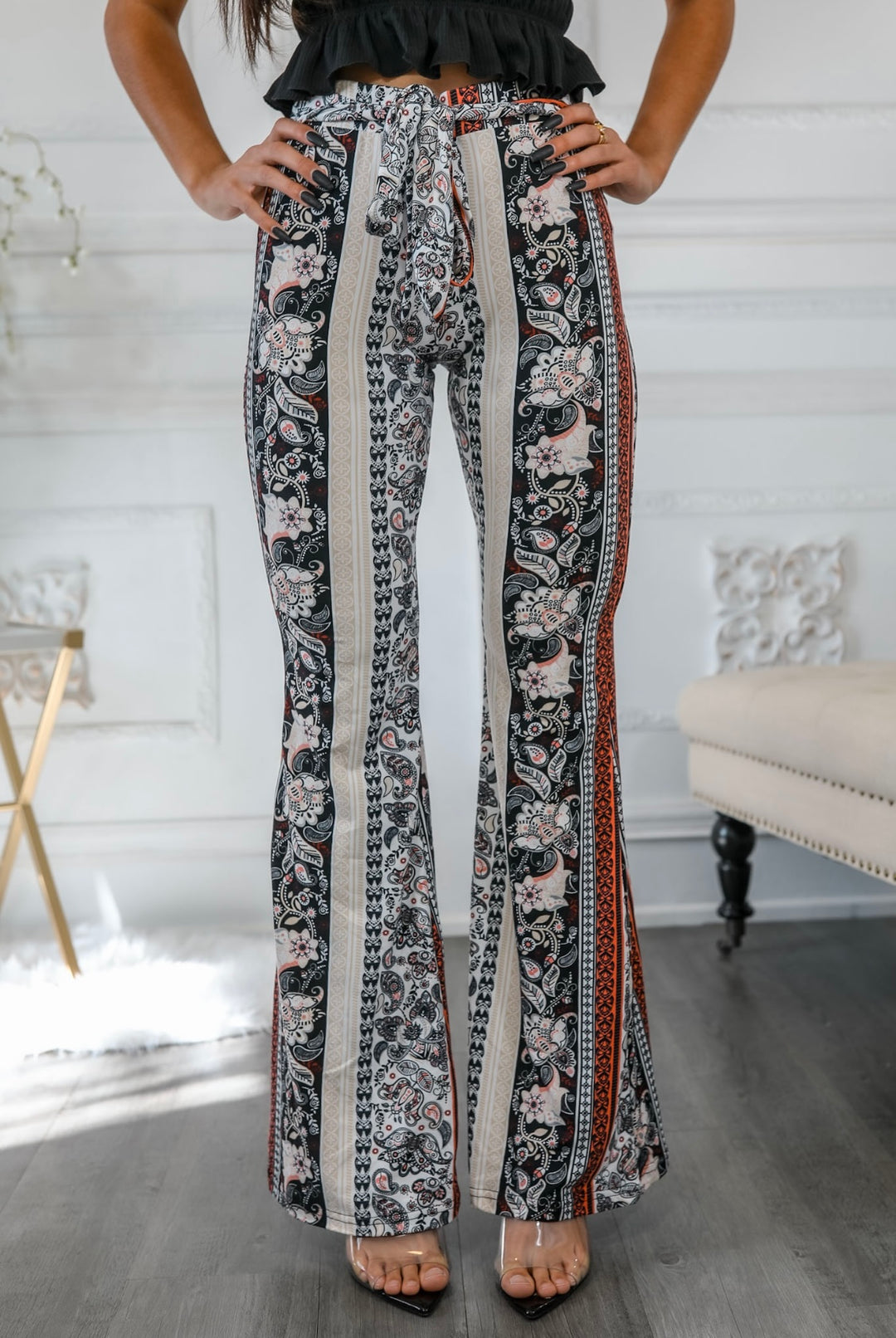 Paisley Floral Print Bell Bottoms Cream with Front Tie