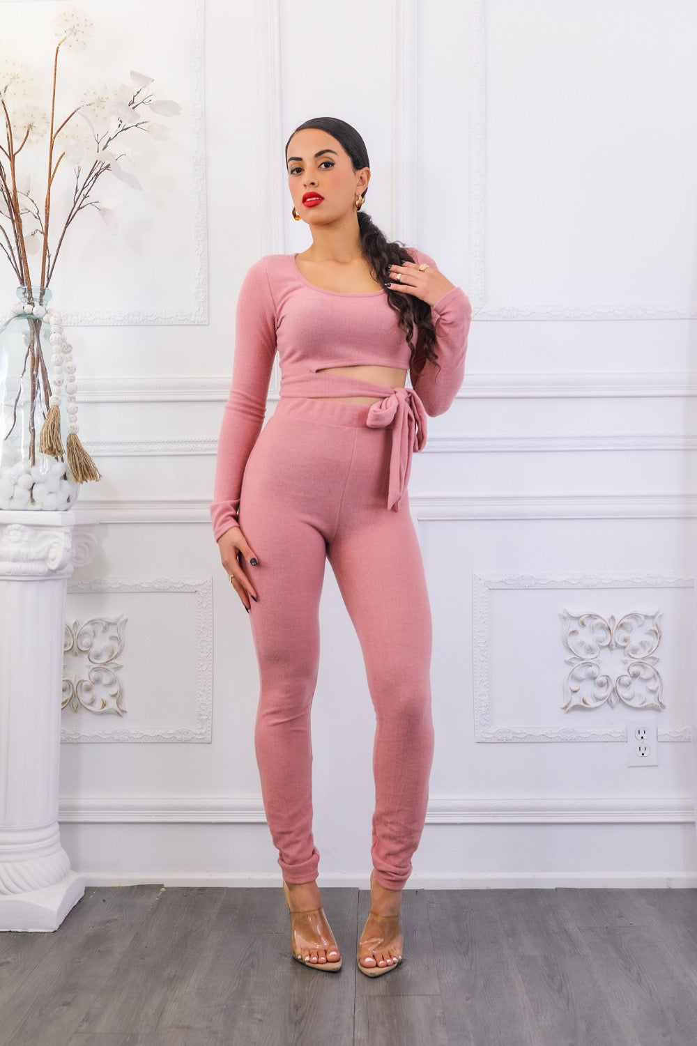 Side Tie Detailed Hacci Crop Top and Leggings Set