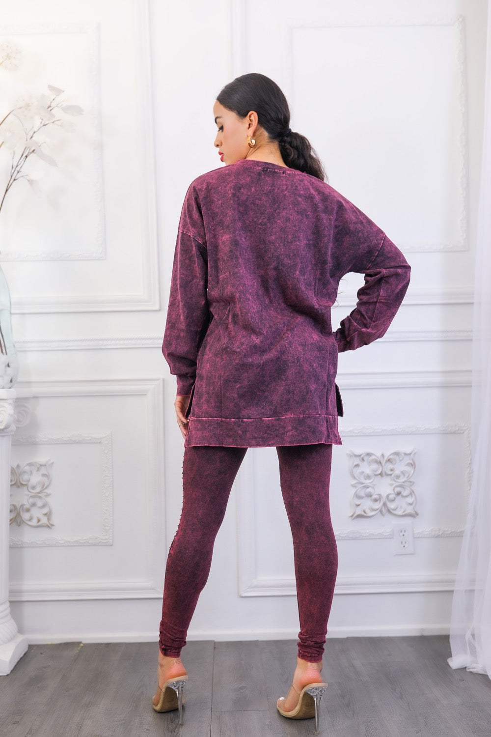 Mineral Wash Long Sleeves Top and Motto Legging Set