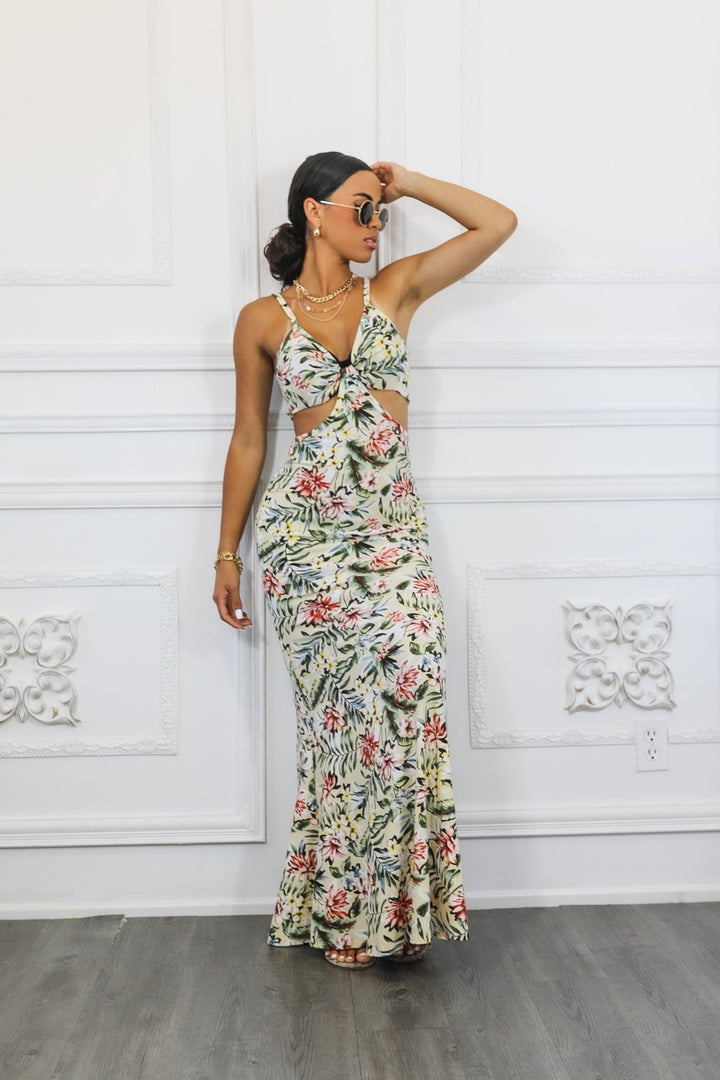 Floral Mermaid Maxi With Cutouts Dress