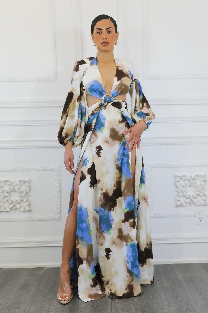 Paint Me Bubble Sleeves Cut Out Maxi Dress