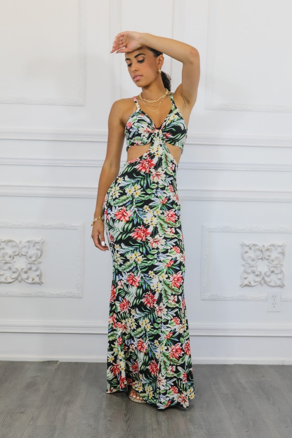Floral Mermaid Maxi With Cutouts Dress