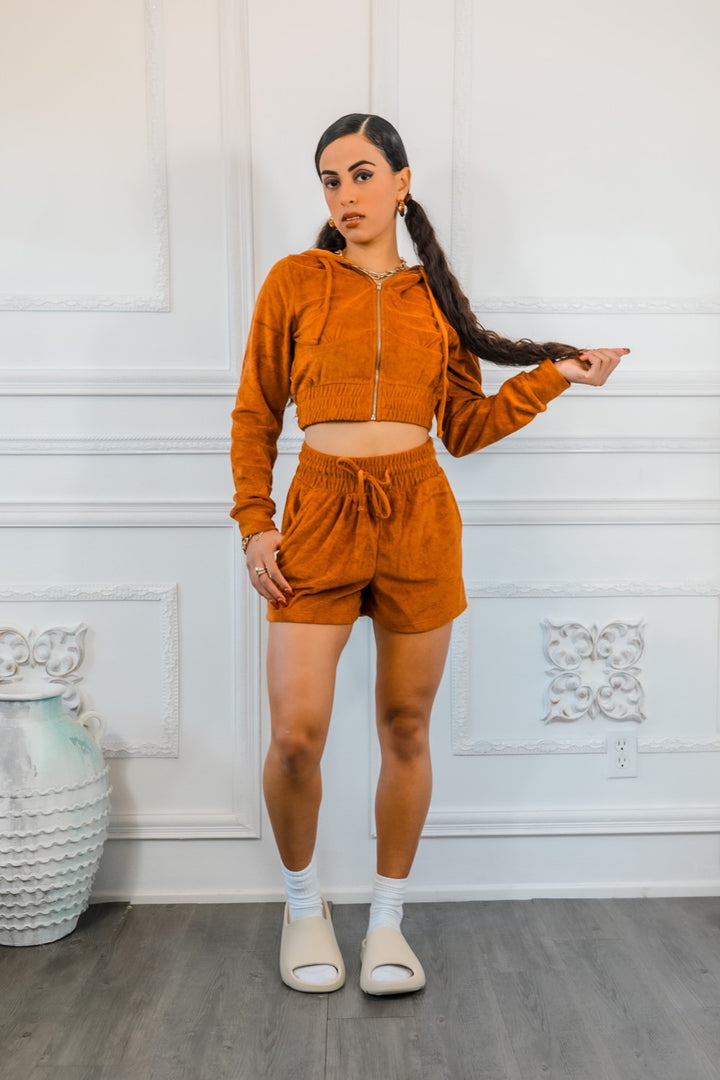 Loop Terry Zip Up Cropped Hoodie and Drawstring Waist Shorts Set