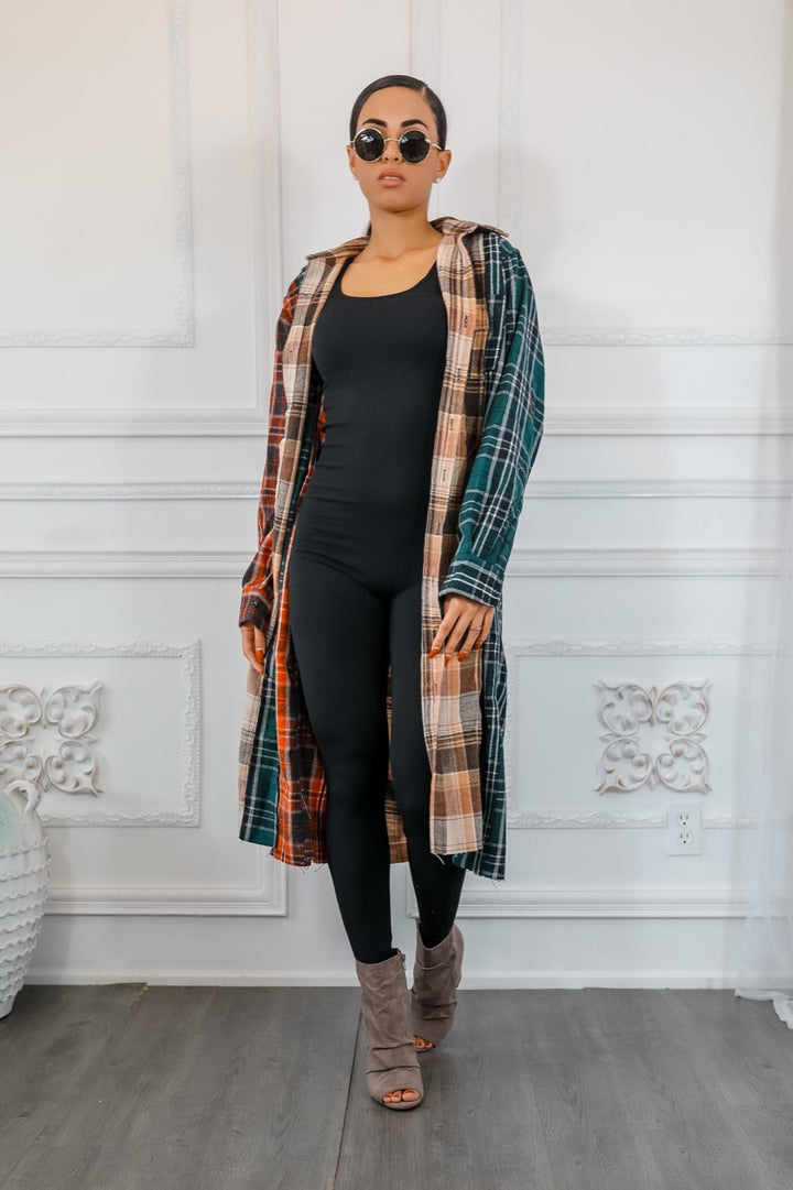 Distressed Long Plaid Patches Shacket