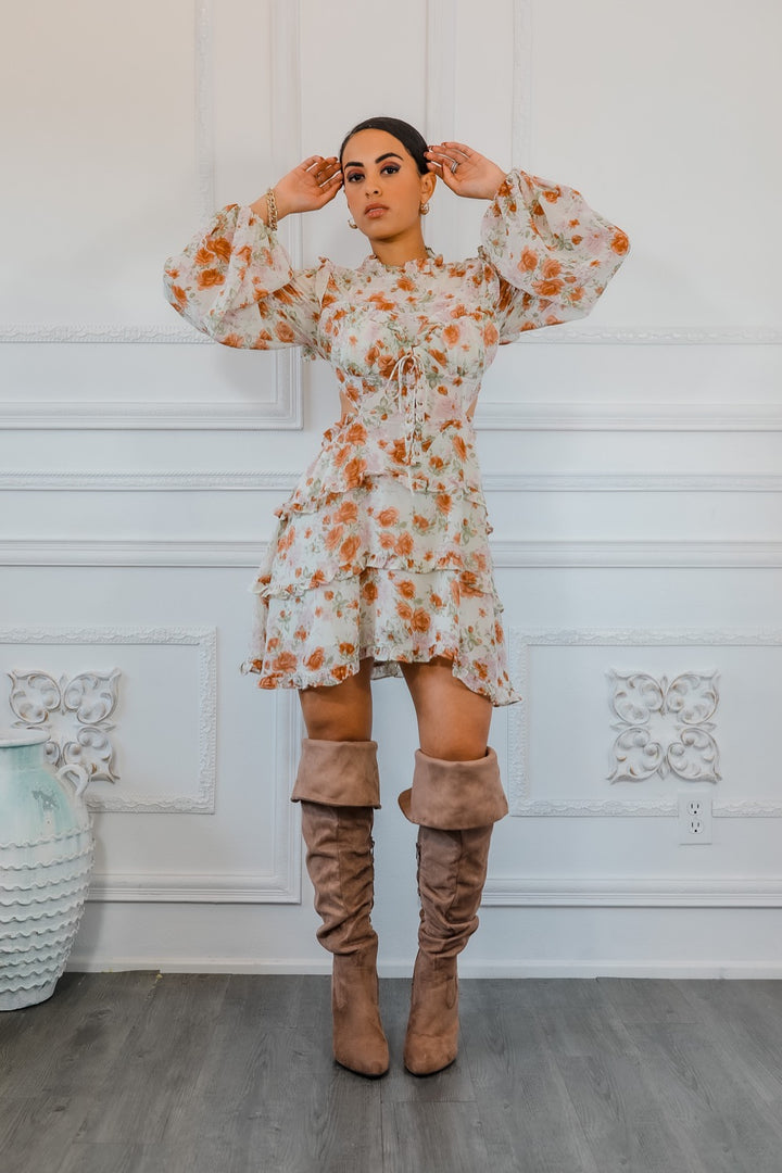 Bubble Sleeves Floral Cutout Laced Mini Dress