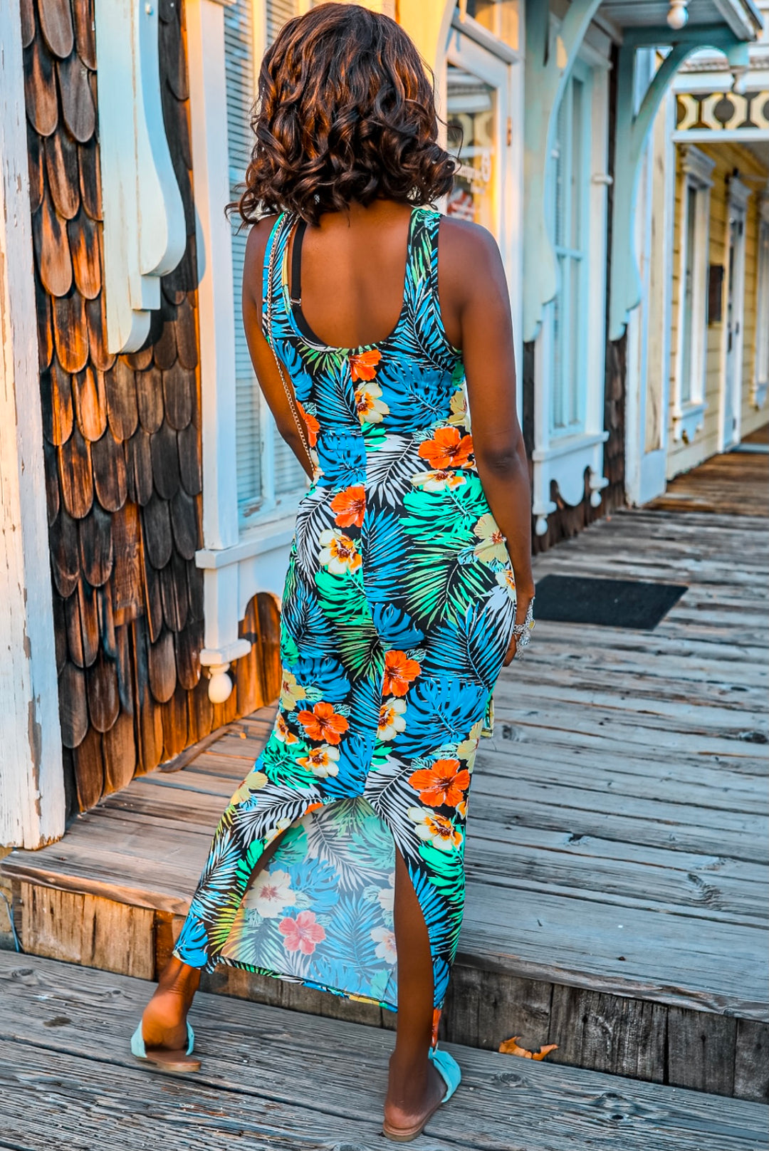 Tropical Print Bodycon Maxi Dress with Front Tie Waist