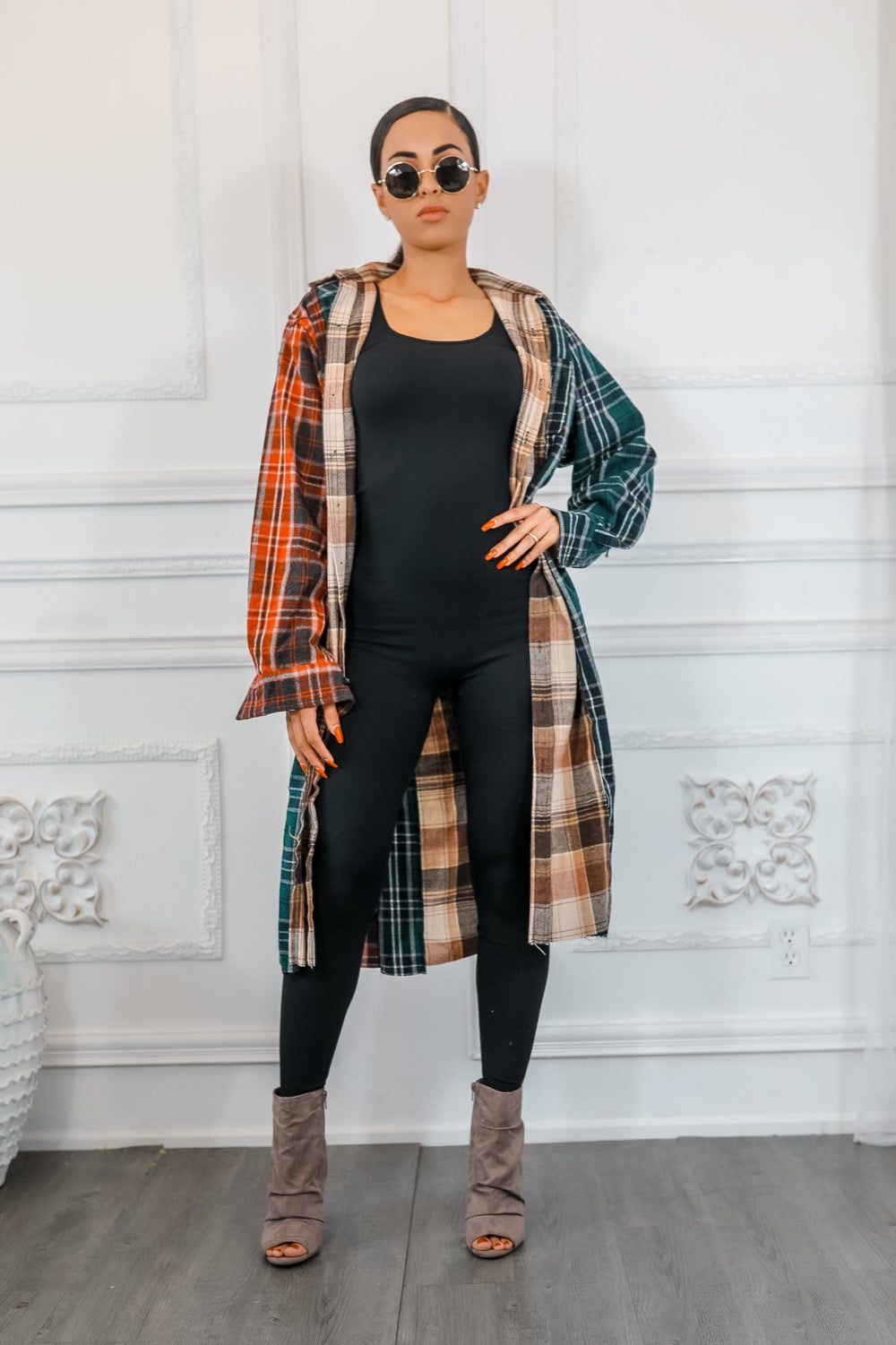 Distressed Long Plaid Patches Shacket