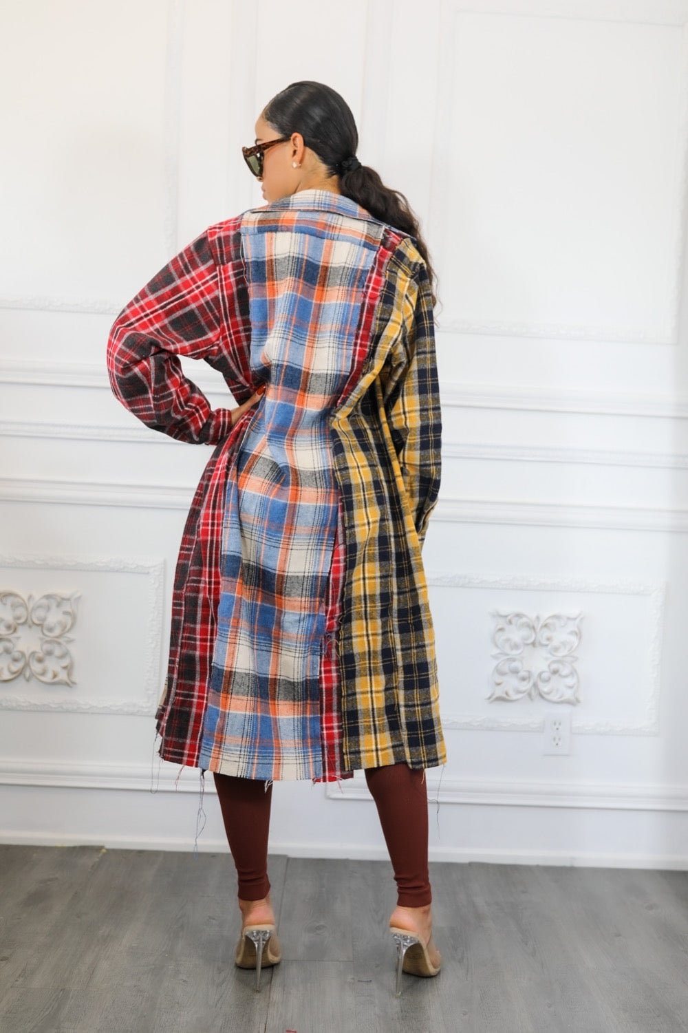 Distressed Long Plaid Patches Shacket