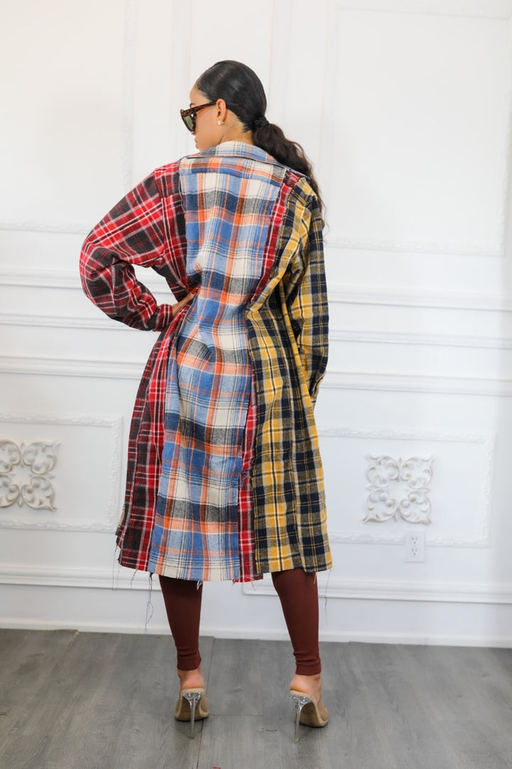 Distressed Long Plaid Patches Shacket