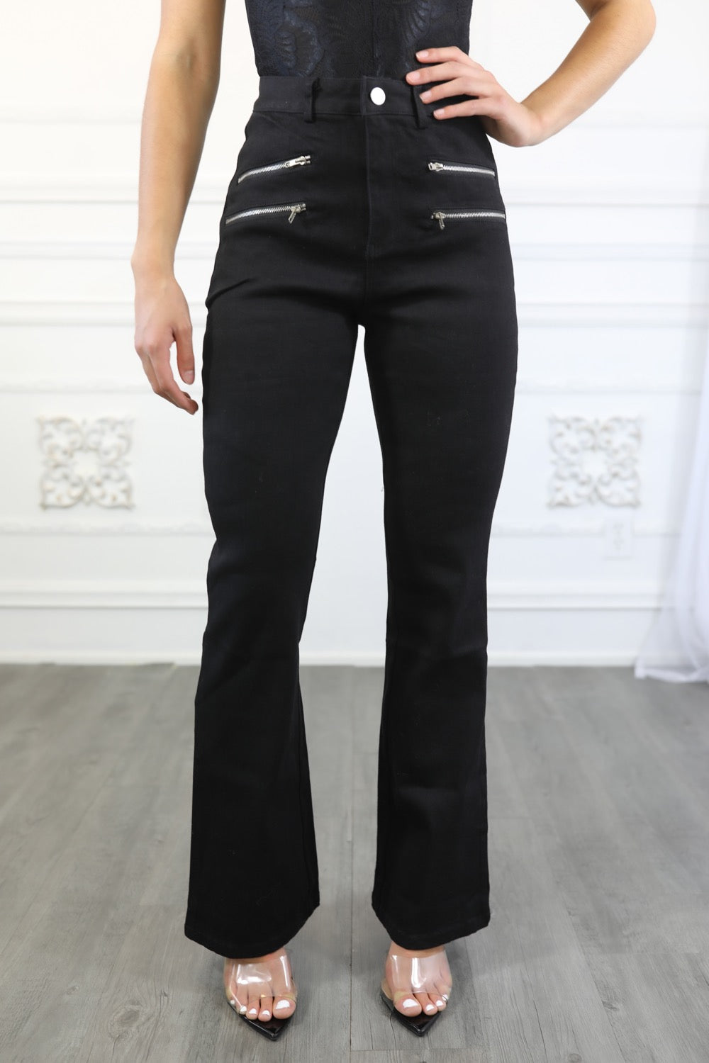 Black Flared Slacks With Double Zipper Detail