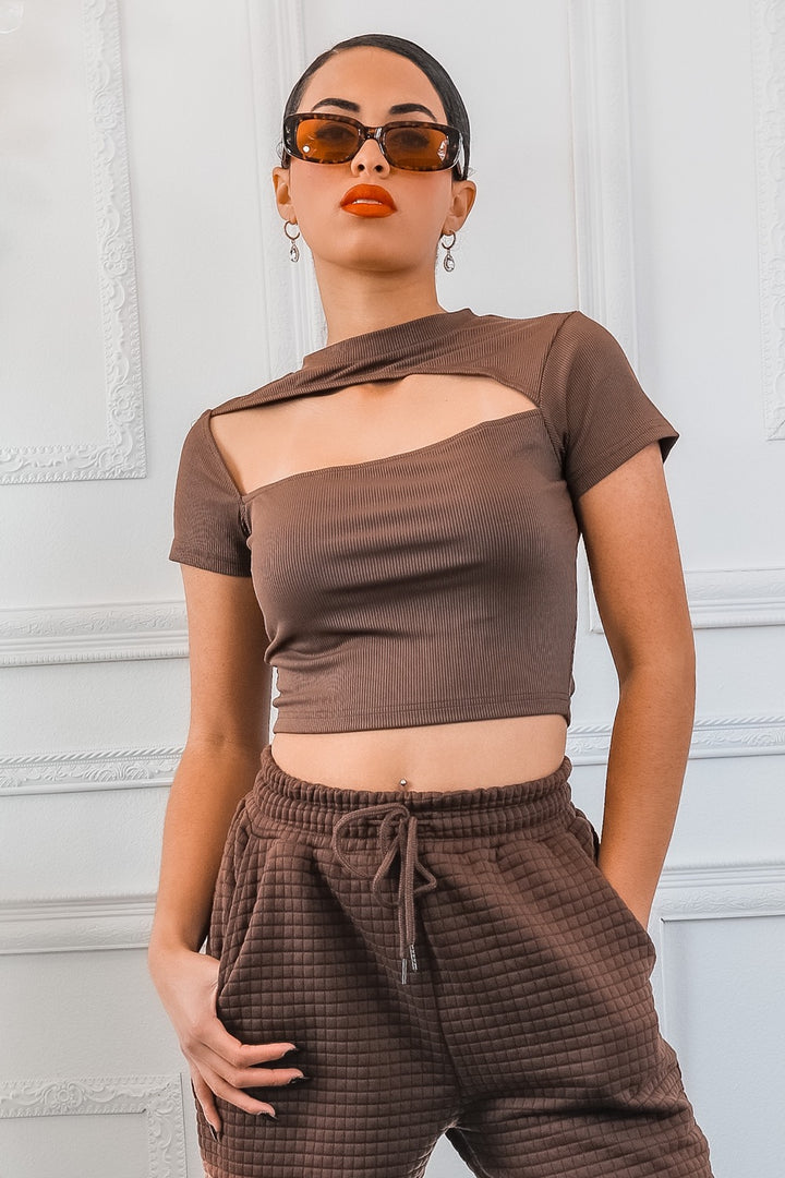 Asymmetrical Cut Out Ribbed Cropped Top