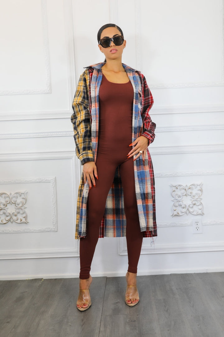 Distressed Long Plaid Patches Shacket