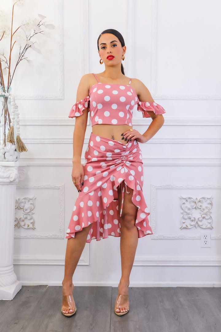 Polkadot Printed Crop Top and Midi Skirt with Ruching