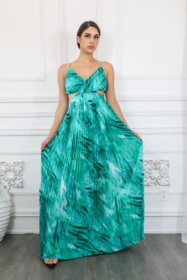 Pleated Cut Out Chiffon Maxi Dress