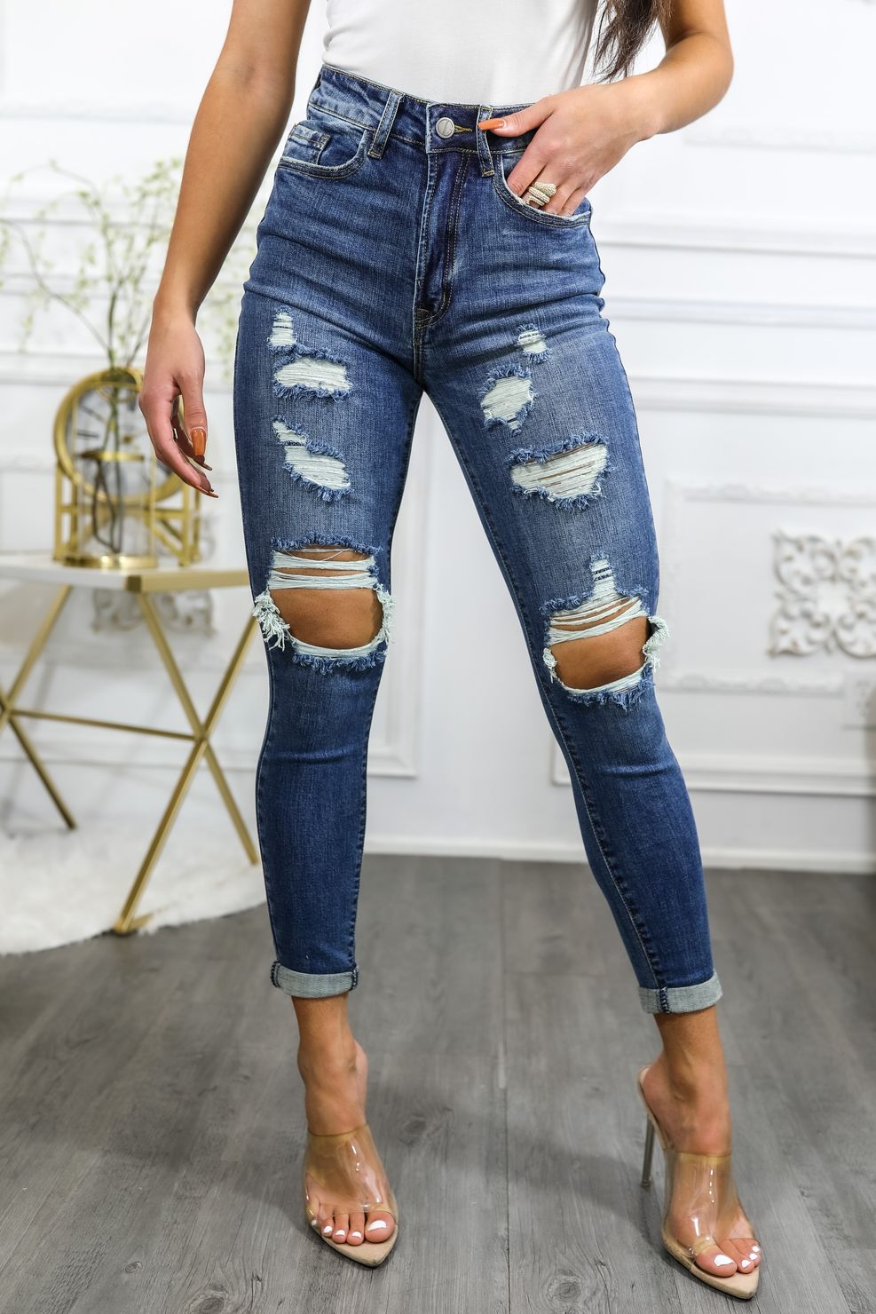 Roll Them Up Ripped N Distressed Ankle Cut Denim Jeans