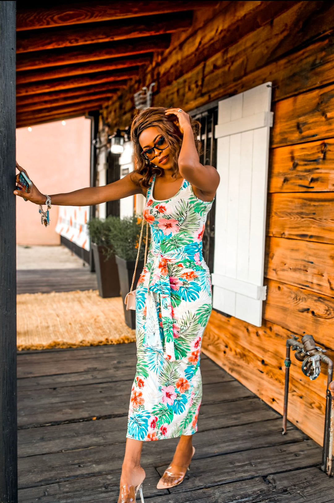 Tropical Print Bodycon Maxi Dress with Front Tie Waist