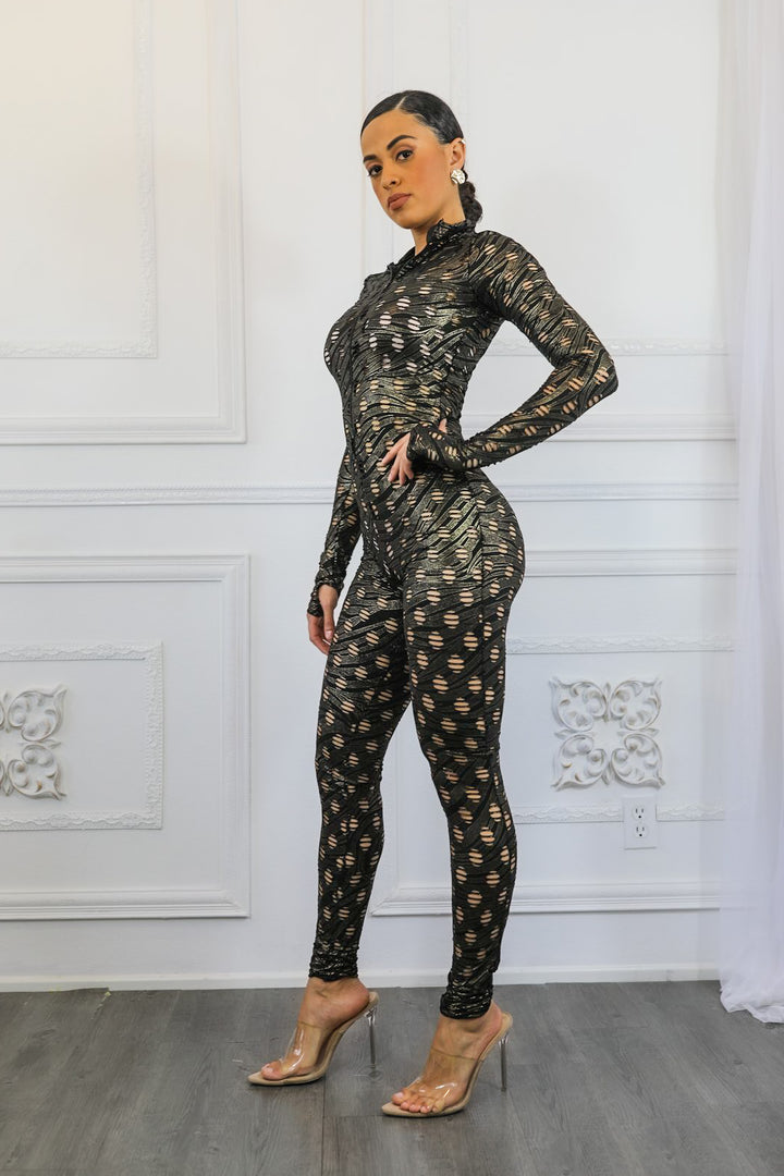 Foiled Hole Gold Accent Jumpsuit