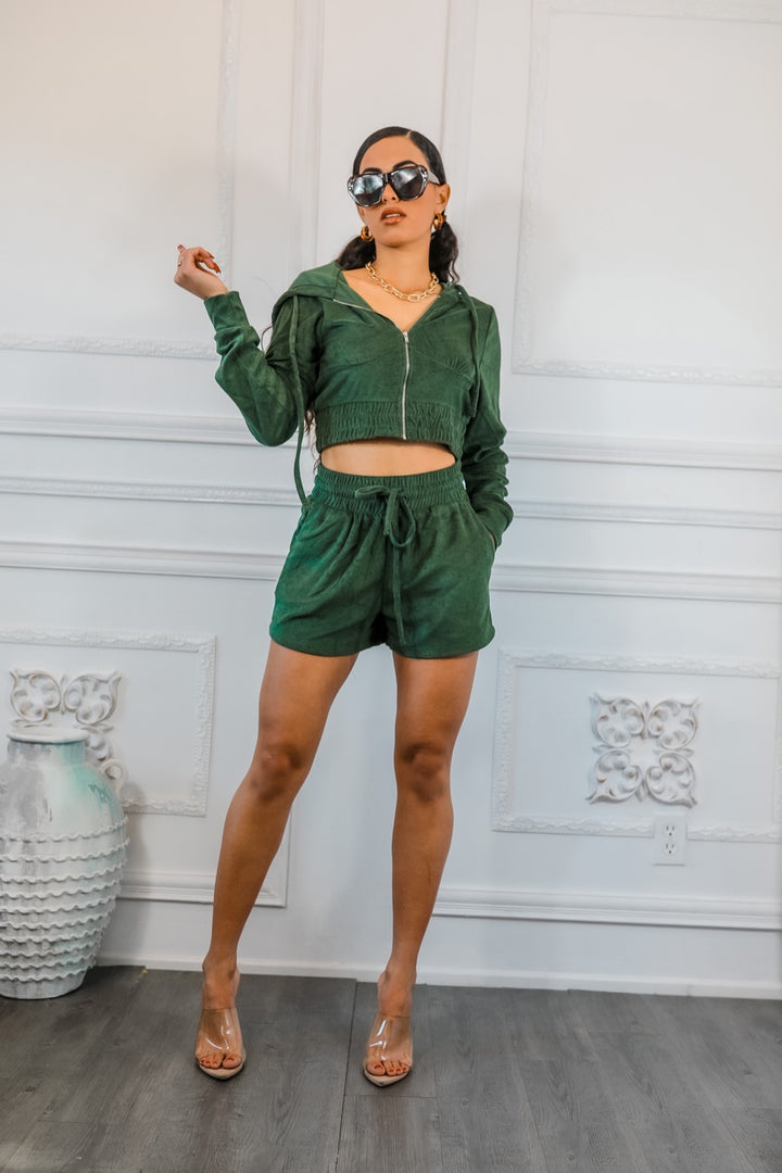 Loop Terry Zip Up Cropped Hoodie and Drawstring Waist Shorts Set