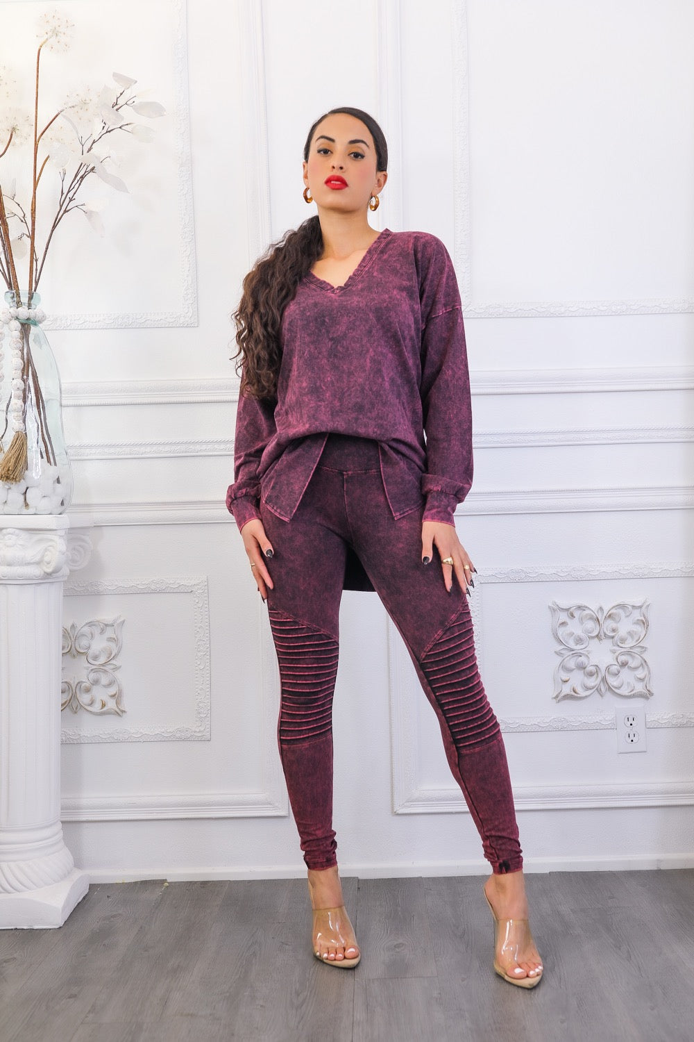 Mineral Wash Long Sleeves Top and Motto Legging Set