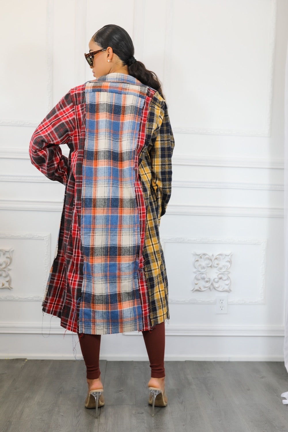 Distressed Long Plaid Patches Shacket
