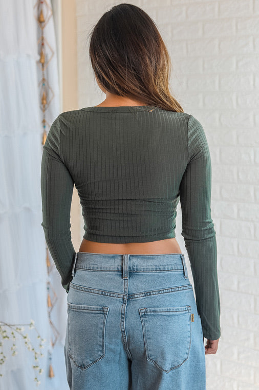 Ariella Button Up Ribbed Crop Top Olive - SURELYMINE