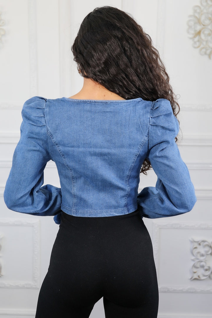 Puff Sleeves Front Zippe Denim Top