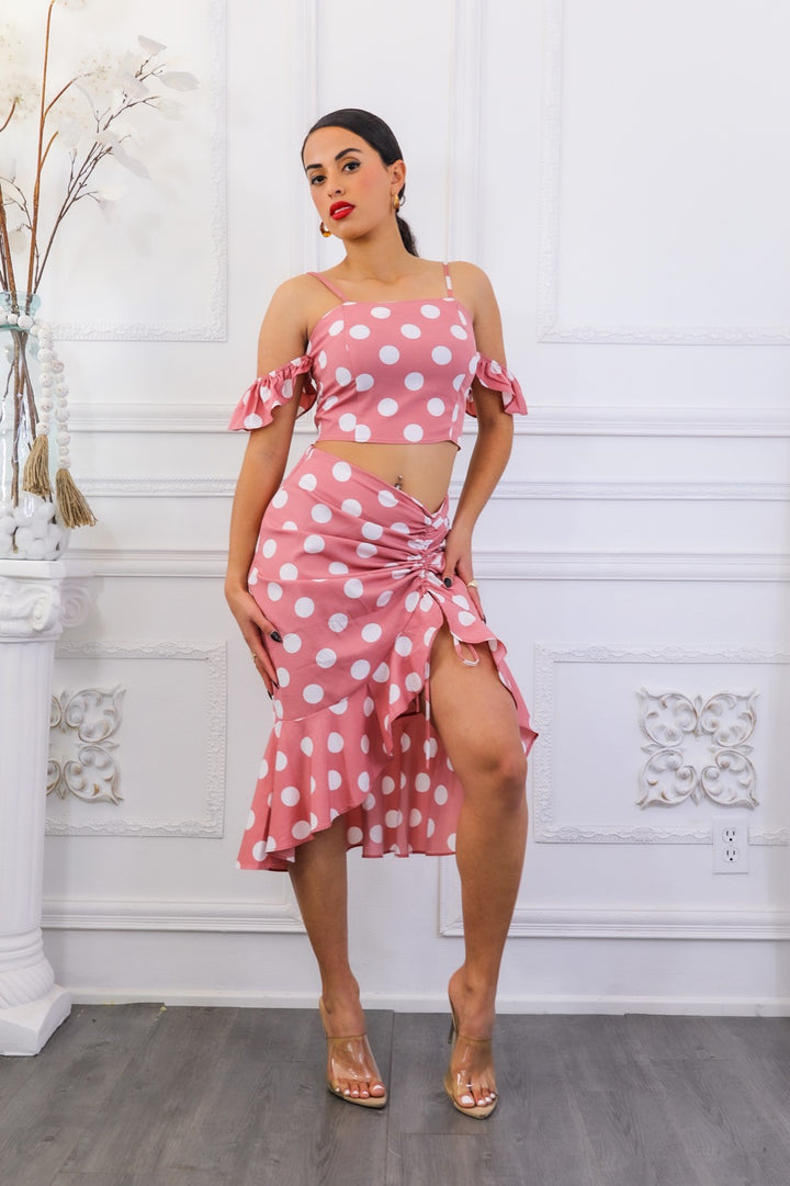 Polkadot Printed Crop Top and Midi Skirt with Ruching