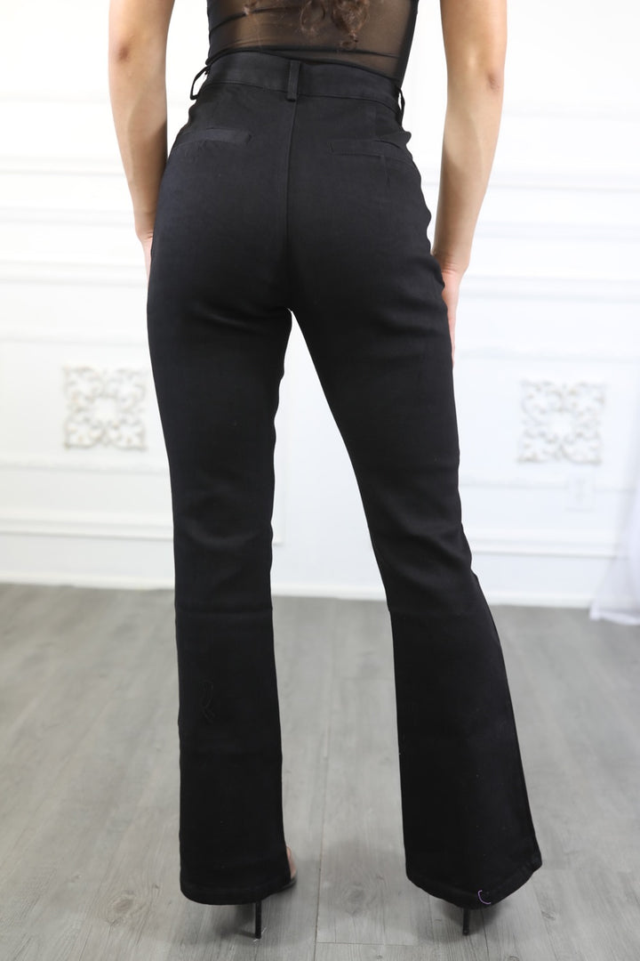 Black Flared Slacks With Double Zipper Detail