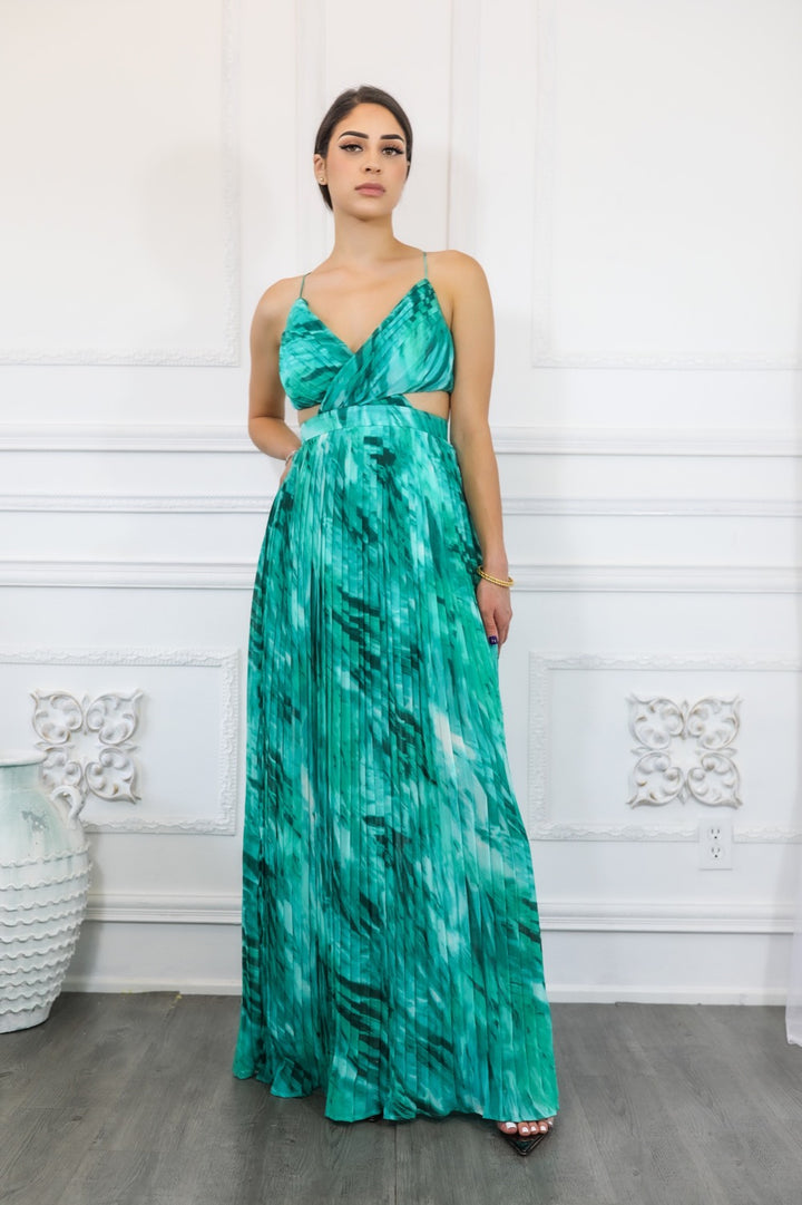 Pleated Cut Out Chiffon Maxi Dress